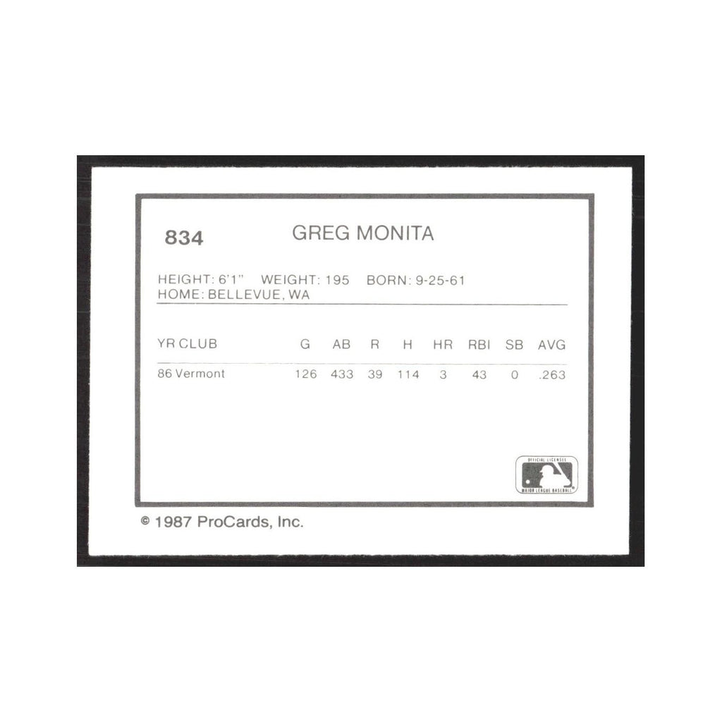 1987 ProCards Minor League Greg Monda Vermont Reds #834
