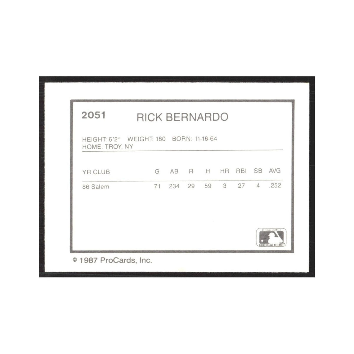 1987 ProCards Minor League Rick Bernardo Port Charlotte Rangers #2051