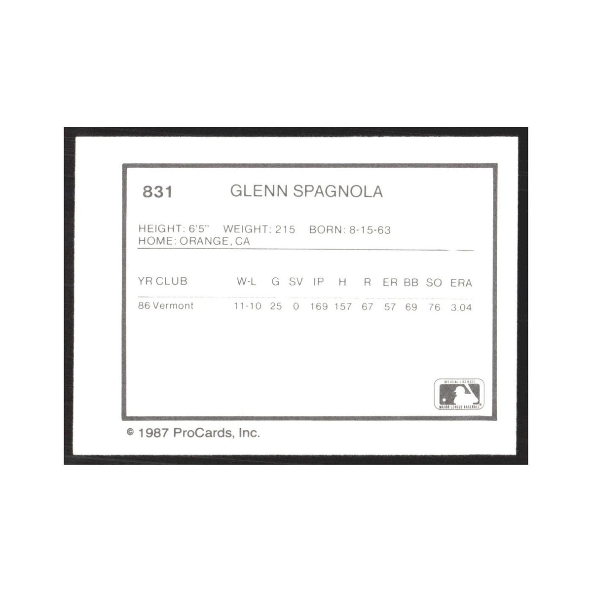 1987 ProCards Minor League Glenn Spagnola Vermont Reds #831