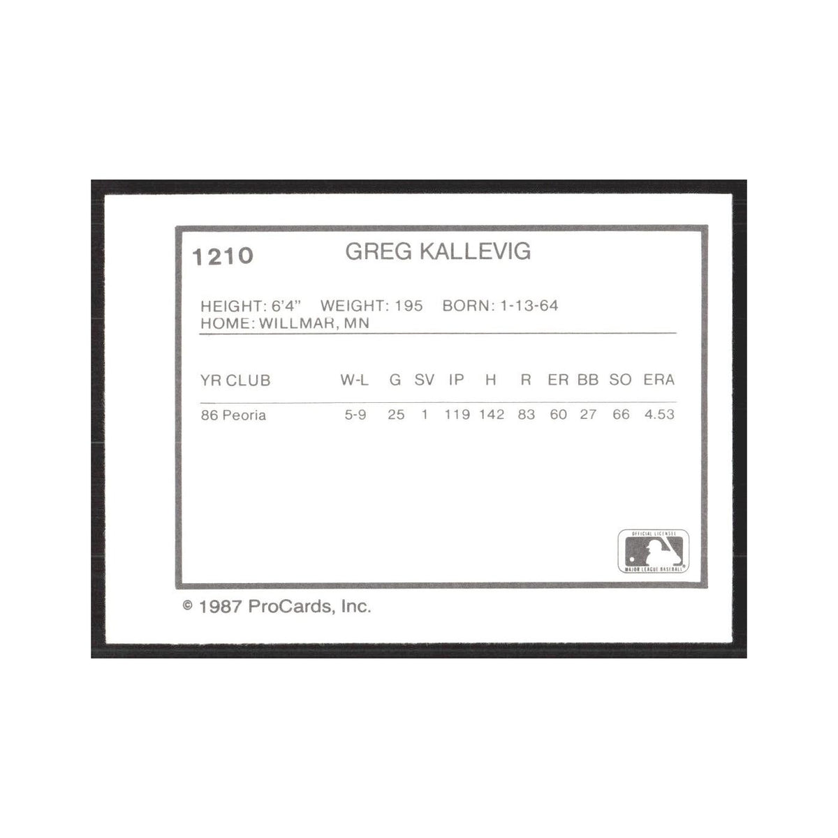 1987 ProCards Minor League Greg Kallevig Winston-Salem Spirits #1210