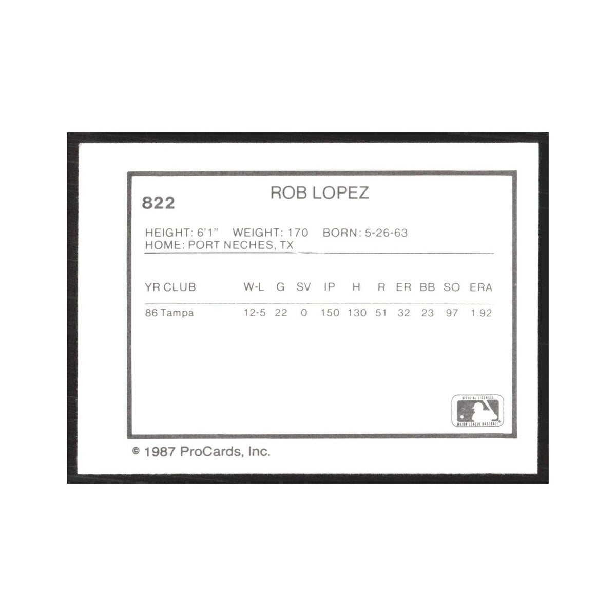1987 ProCards Minor League Rob Lopez Vermont Reds #822