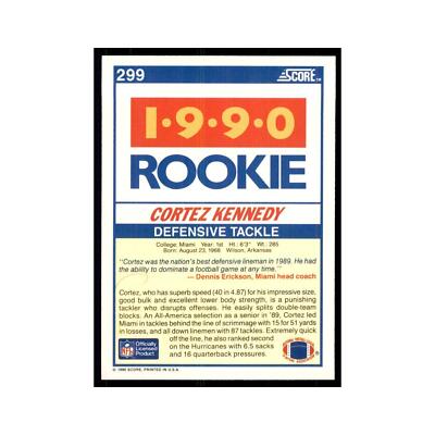 1990 Score Cortez Kennedy RC Miami Hurricanes #299
