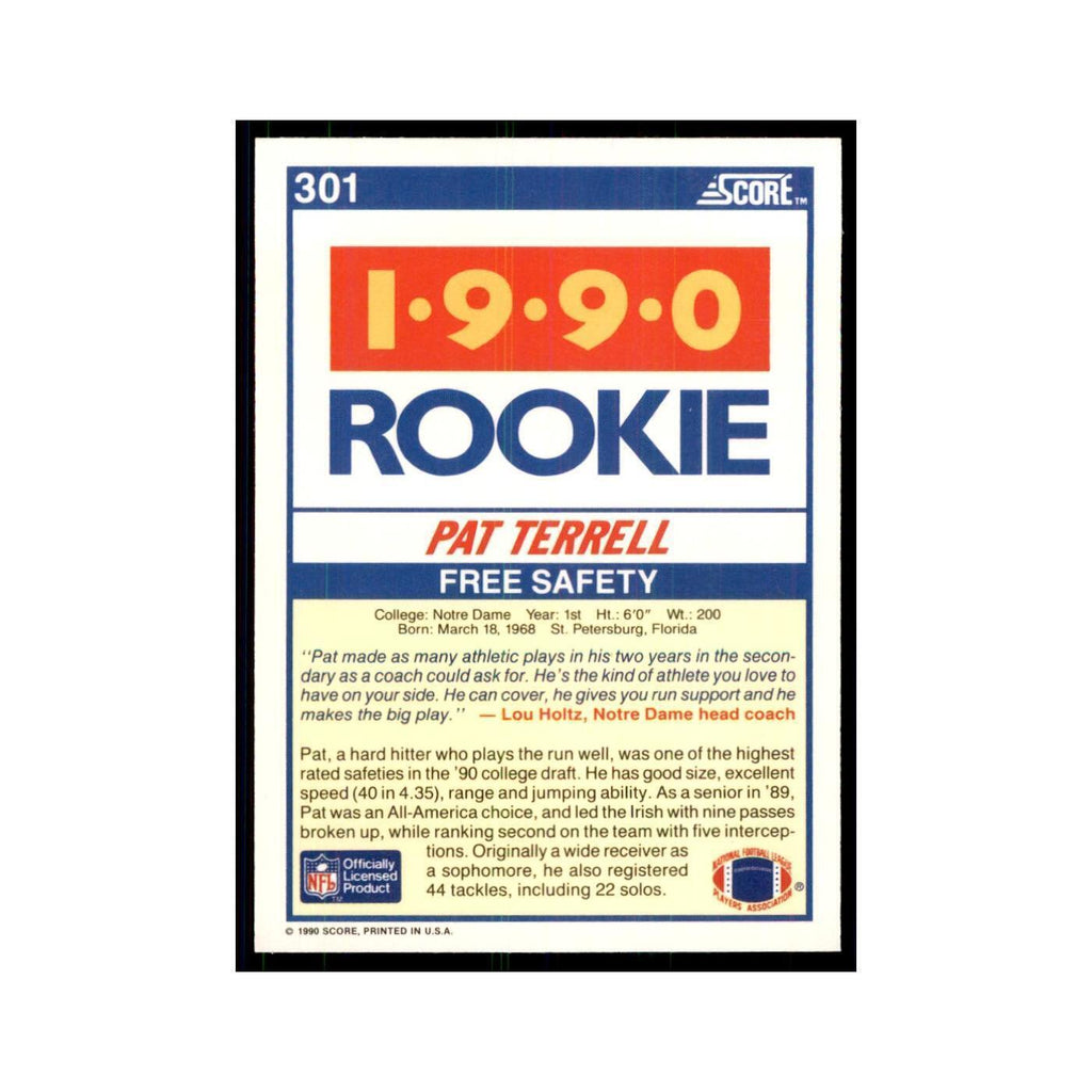 1990 Score Pat Terrell RC Notre Dame Fighting Irish #301