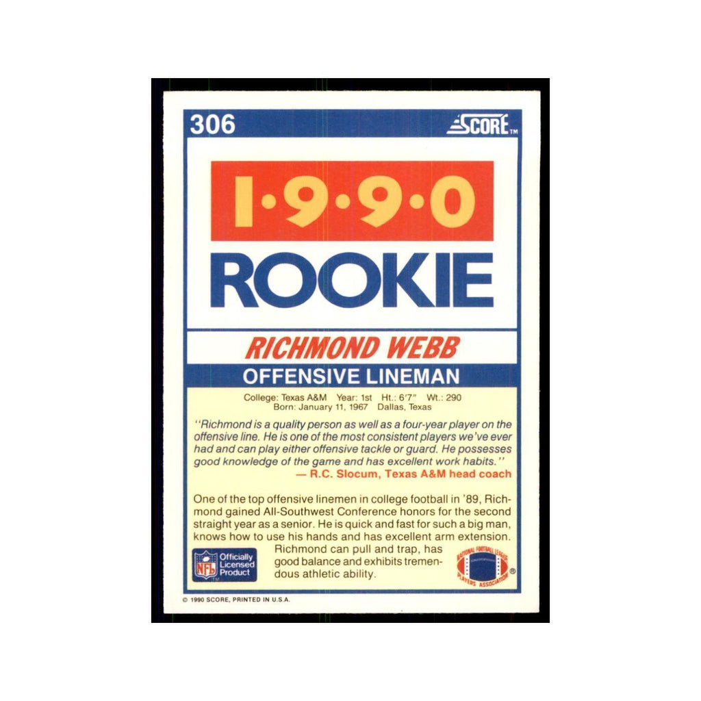 1990 Score Richmond Webb RC Texas A&M Aggies #306