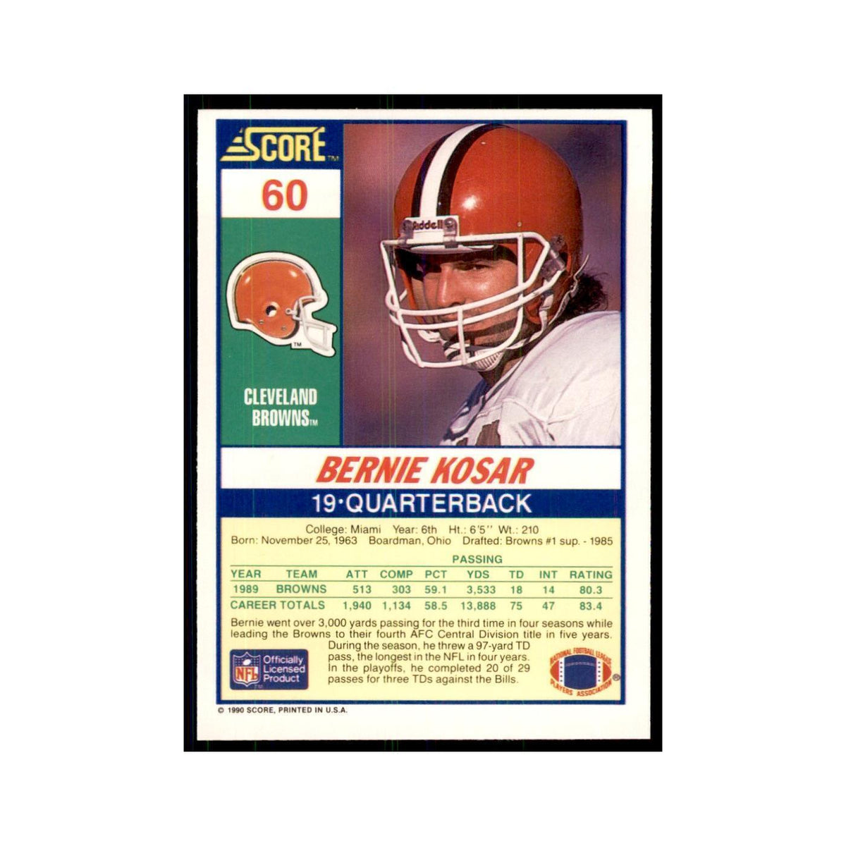 1990 Score Bernie Kosar Browns #60