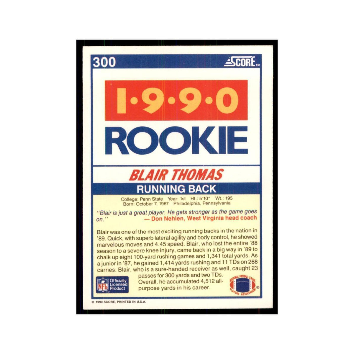 1990 Score Blair Thomas RC Penn State Nittany Lions #300