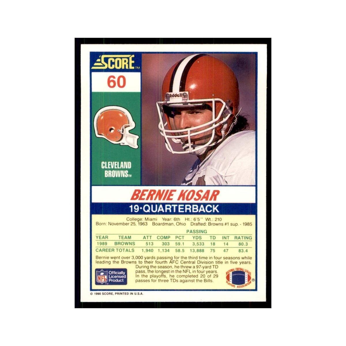 1990 Score Bernie Kosar Browns #60