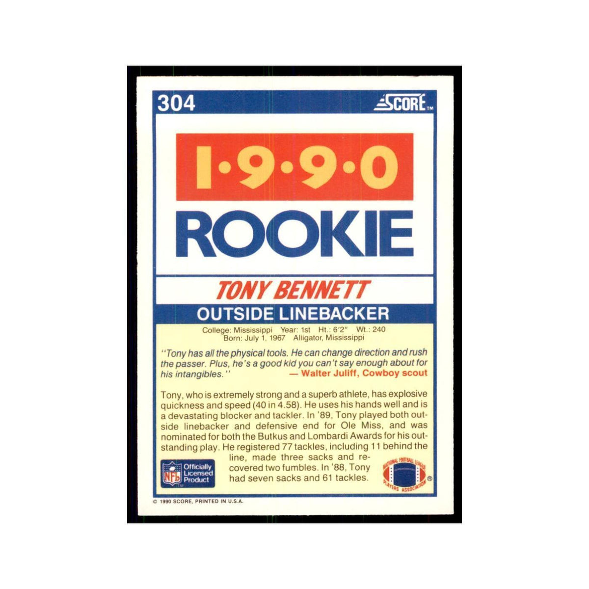 1990 Score Tony Bennett RC Ole Miss Rebels #304