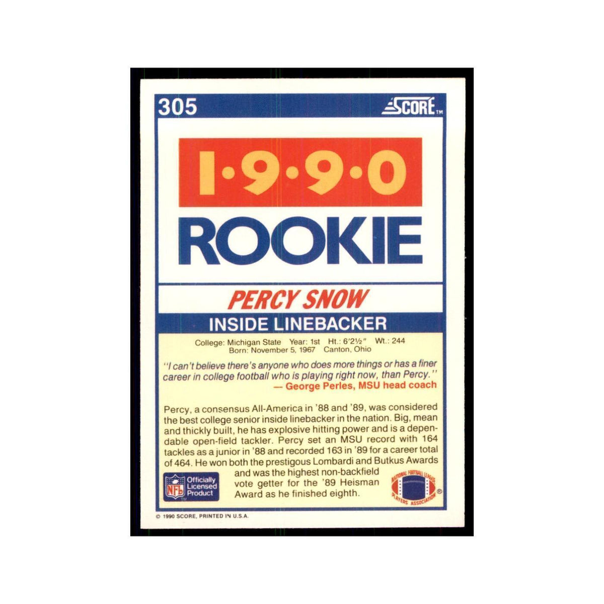 1990 Score Percy Snow RC Michigan State Spartans #305