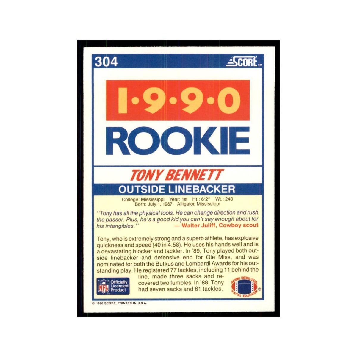 1990 Score Tony Bennett RC Ole Miss Rebels #304