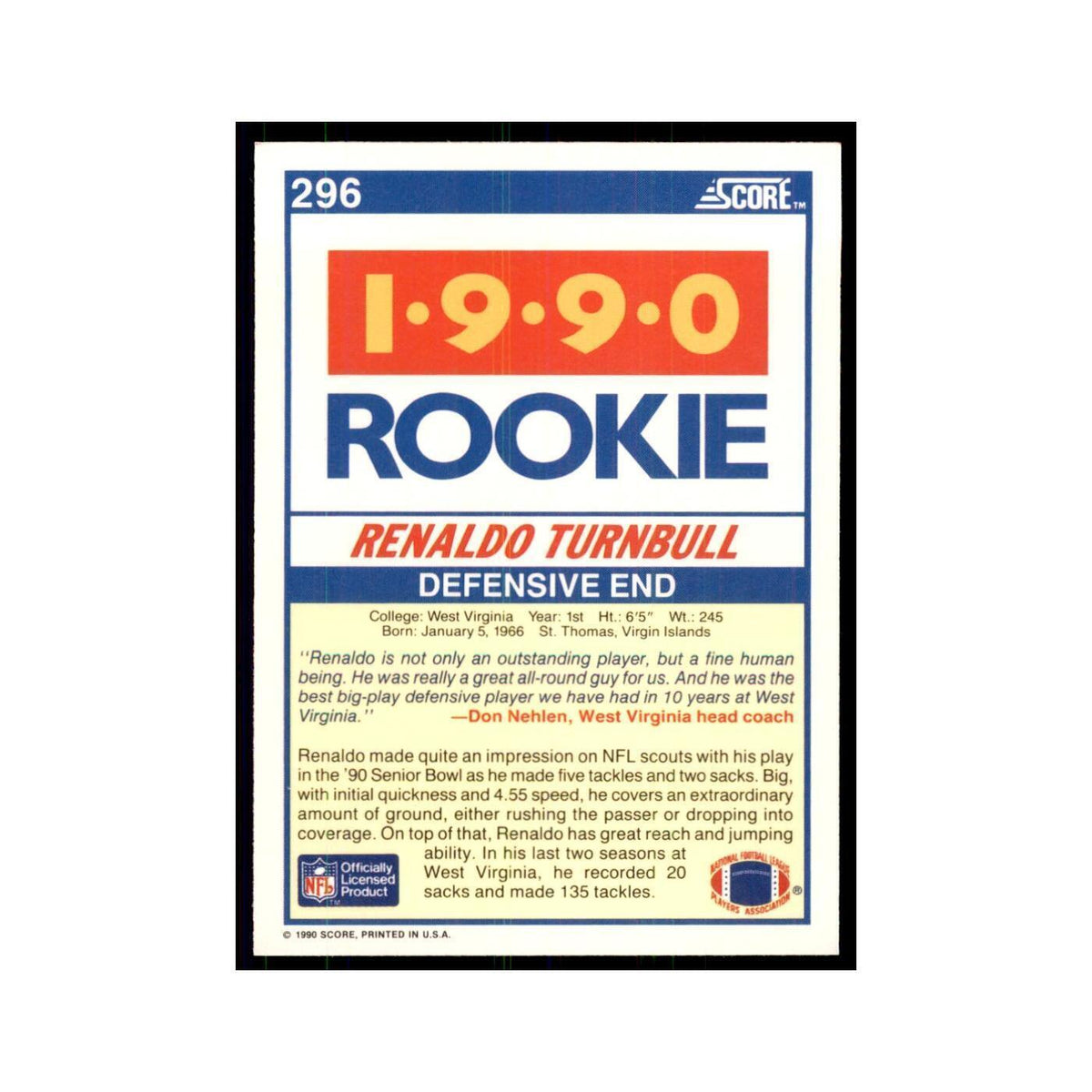 1990 Score Renaldo Turnbull RC West Virginia Mountaineers #296