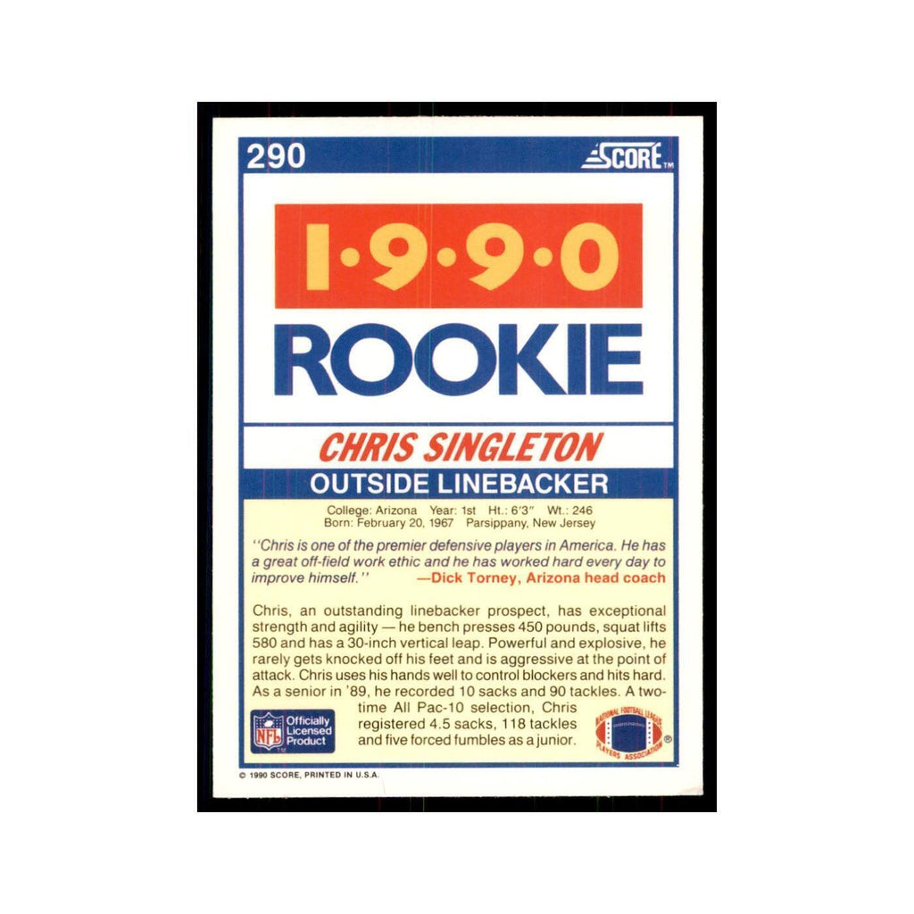 1990 Score Chris Singleton RC Arizona Wildcats #290