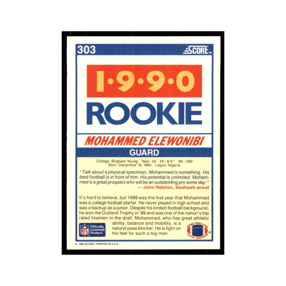1990 Score Mohammed Elewonibi RC BYU Cougars #303