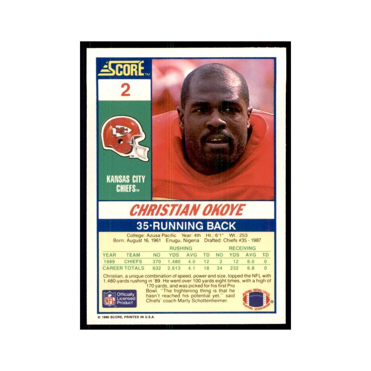 1990 Score Christian Okoye Chiefs #2
