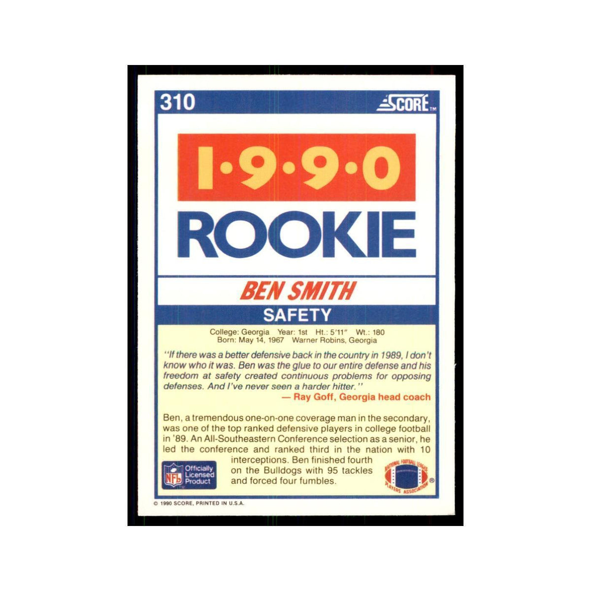 1990 Score Ben Smith RC Georgia Bulldogs #310