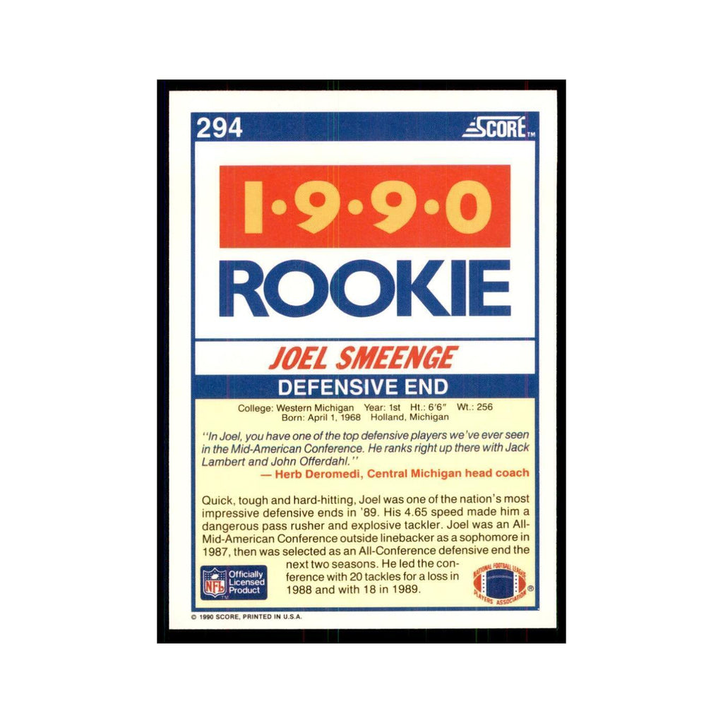 1990 Score Joel Smeenge RC Western Michigan Broncos #294