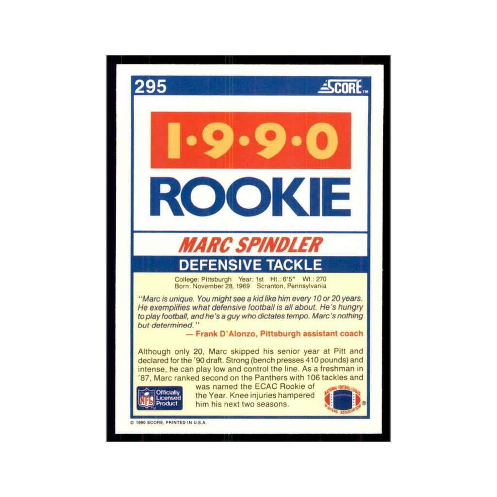 1990 Score Marc Spindler RC Pittsburgh Panthers #295