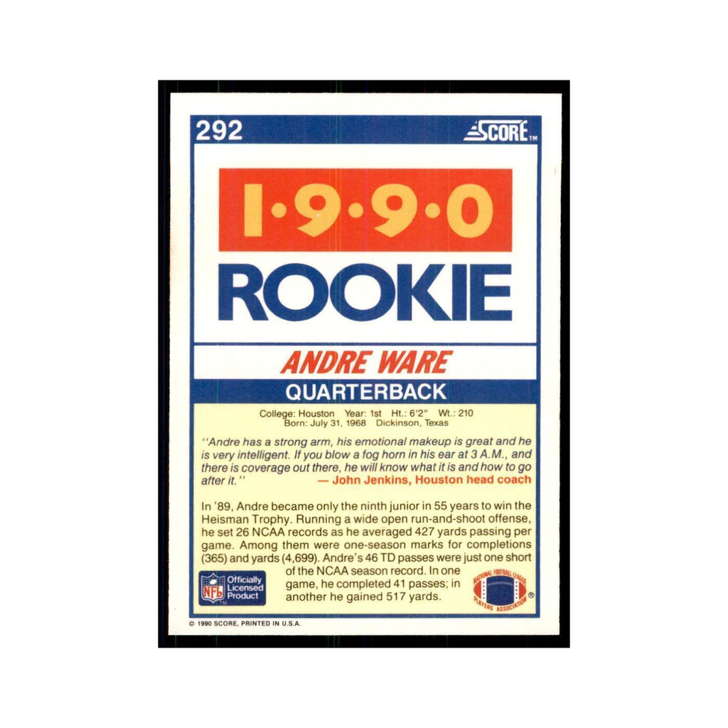 1990 Score Andre Ware RC Houston Cougars #292
