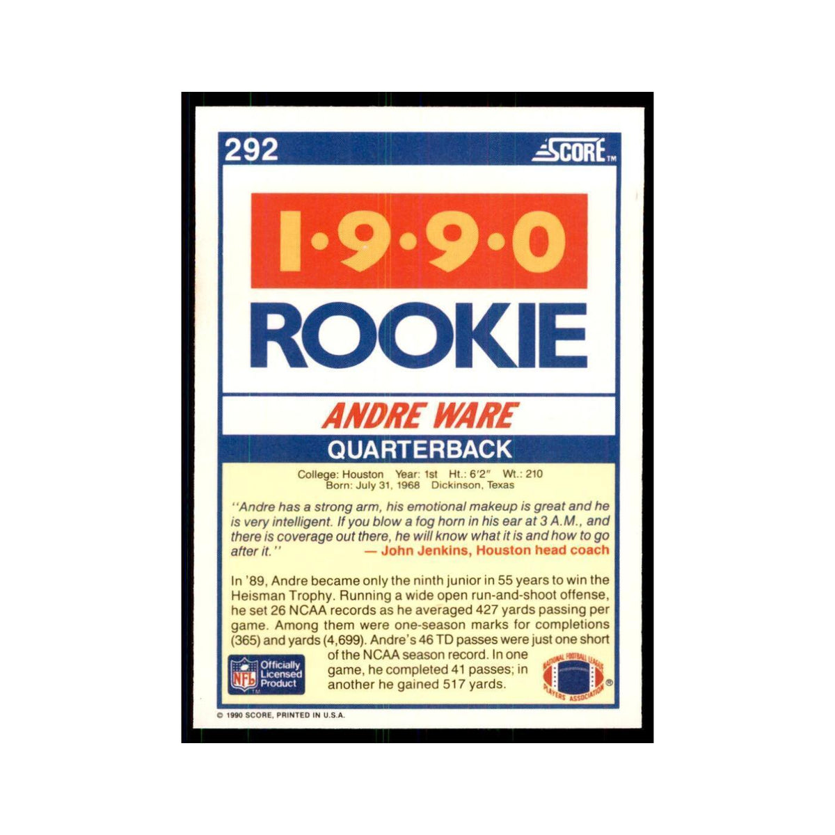 1990 Score Andre Ware RC Houston Cougars #292