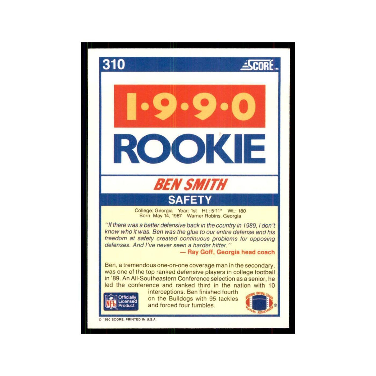 1990 Score Ben Smith RC Georgia Bulldogs #310