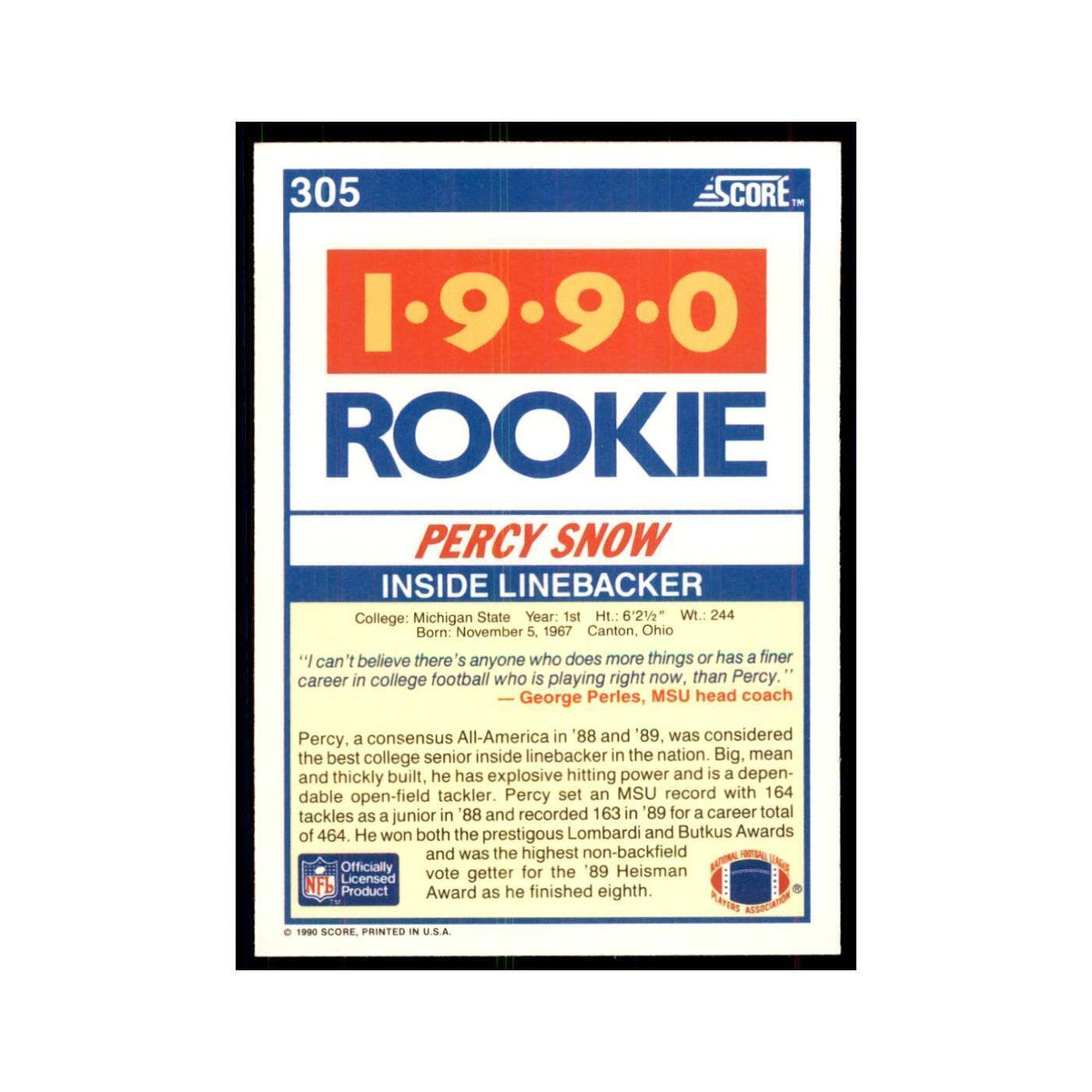 1990 Score Percy Snow RC Michigan State Spartans #305