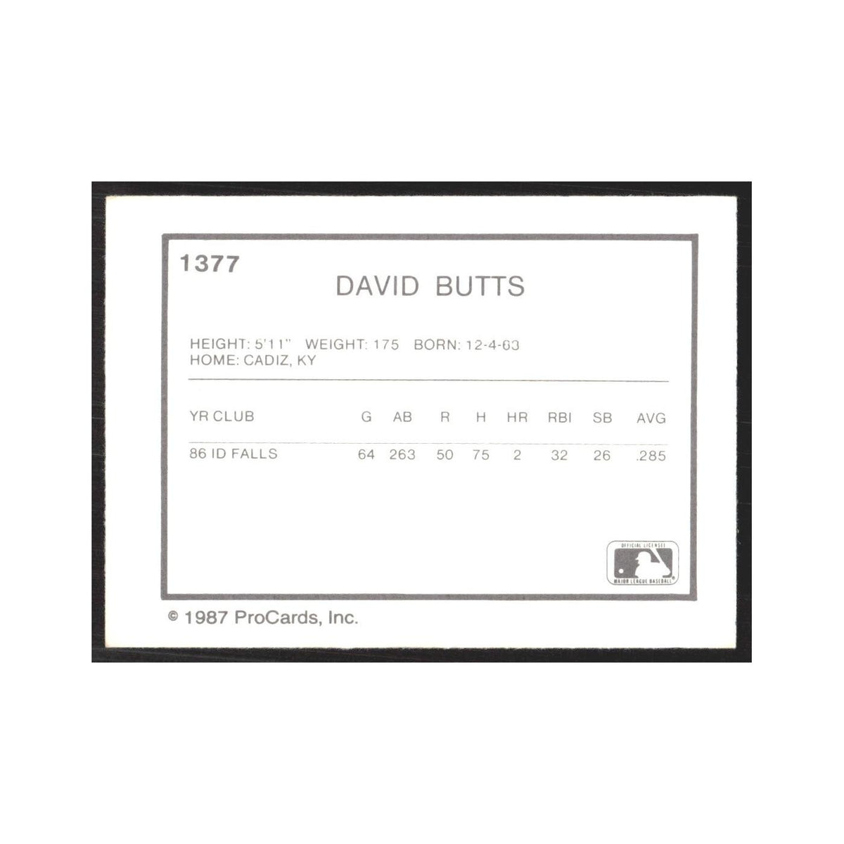 1987 ProCards Minor League David Butts Sumter Braves #1377