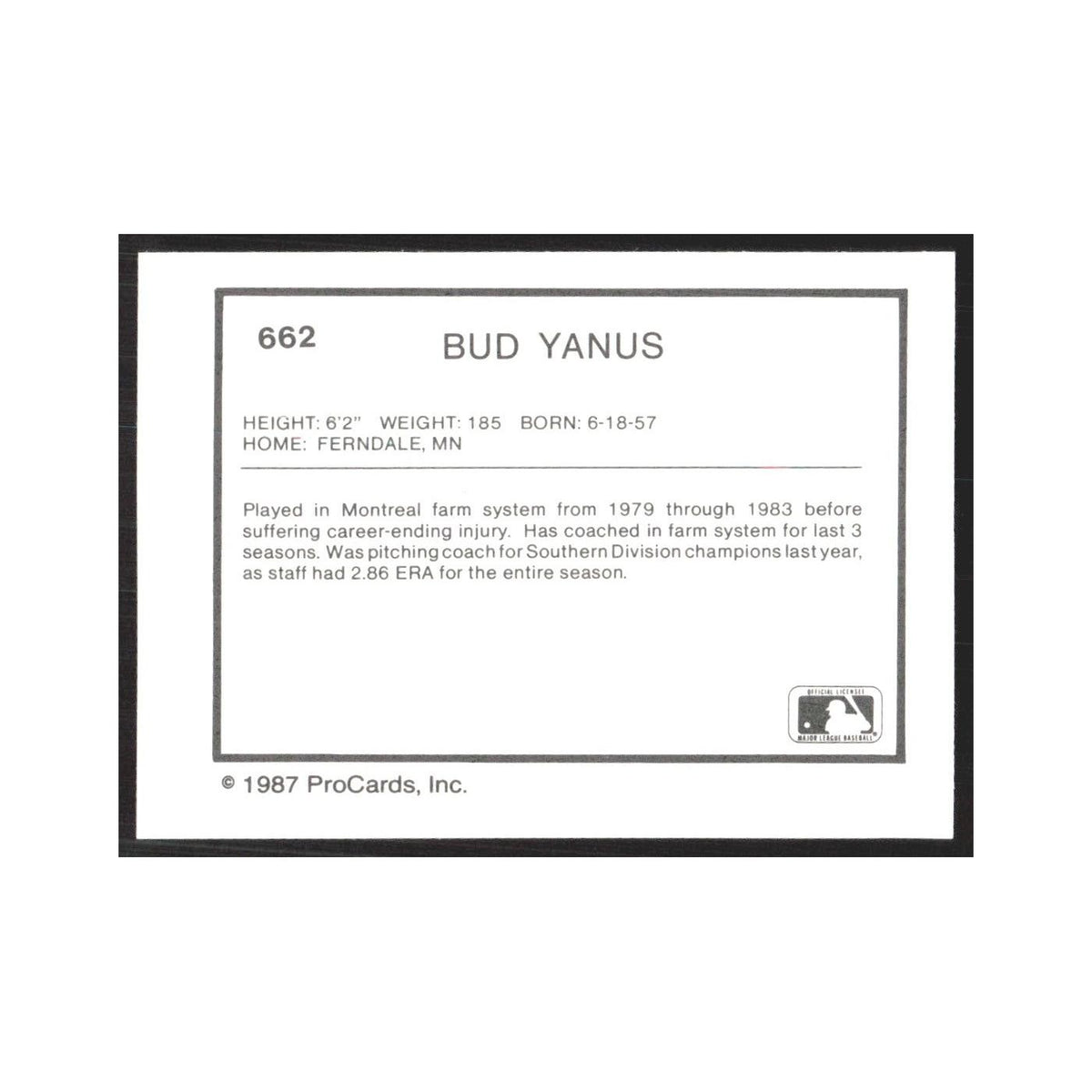 1987 ProCards Minor League Bud Yanus West Palm Beach Expos #662