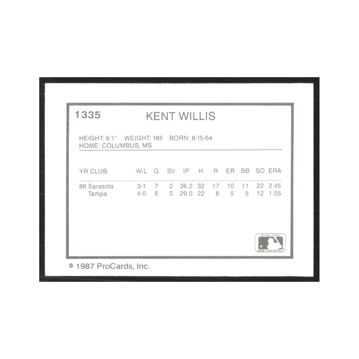 1987 ProCards Minor League Kent Willis Tampa Tarpons #1335