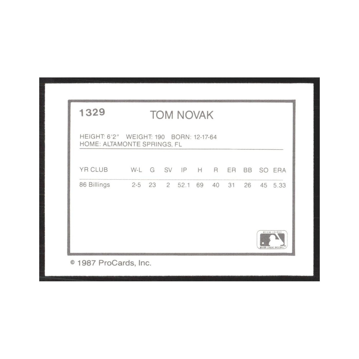 1987 ProCards Minor League Tom Novak Tampa Tarpons #1329