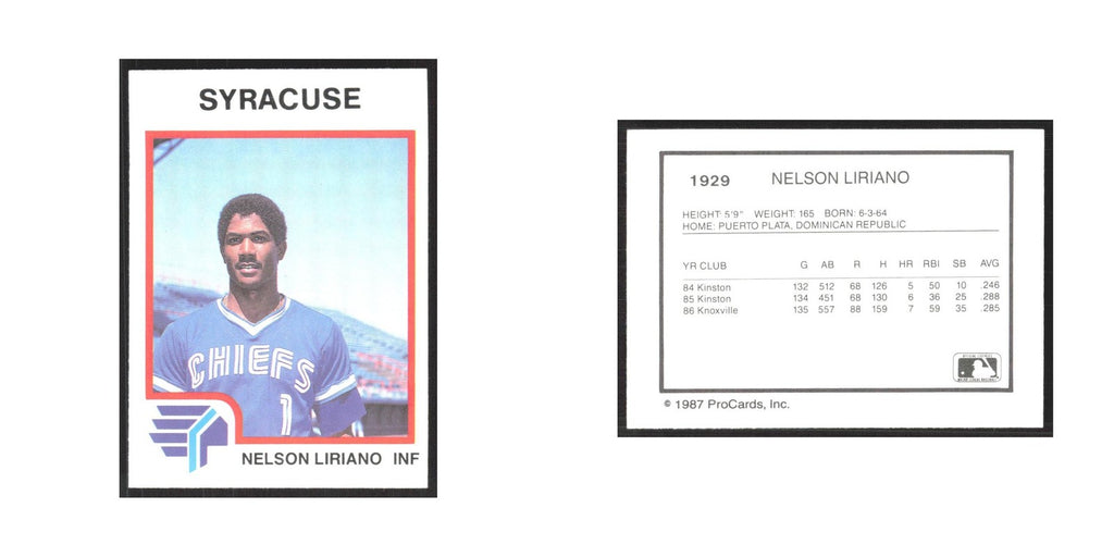 1987 ProCards Minor League Nelson Liriano Syracuse Chiefs #1929