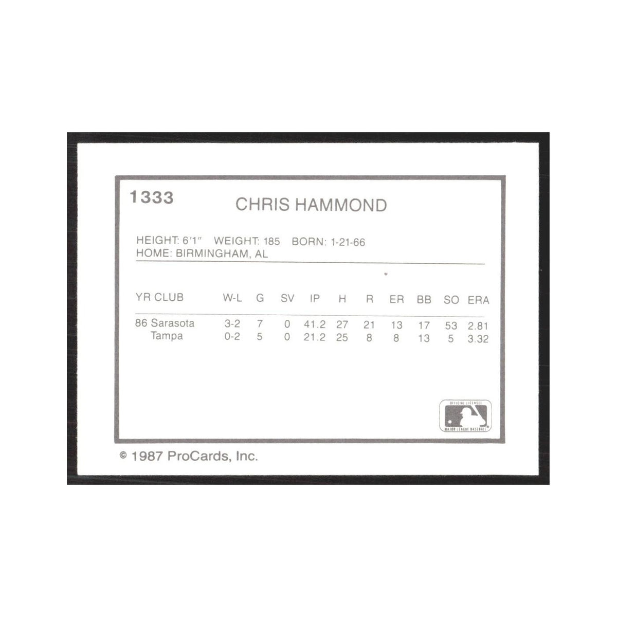 1987 ProCards Minor League Chris Hammond Tampa Tarpons #1333