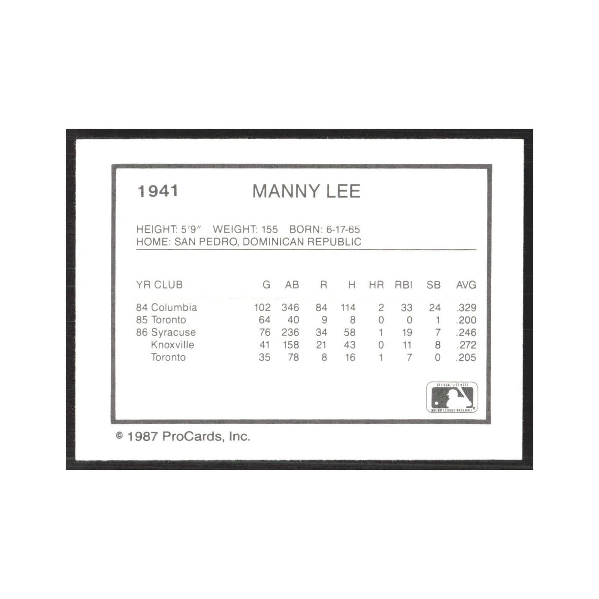 1987 ProCards Minor League Manny Lee Syracuse Chiefs #1941