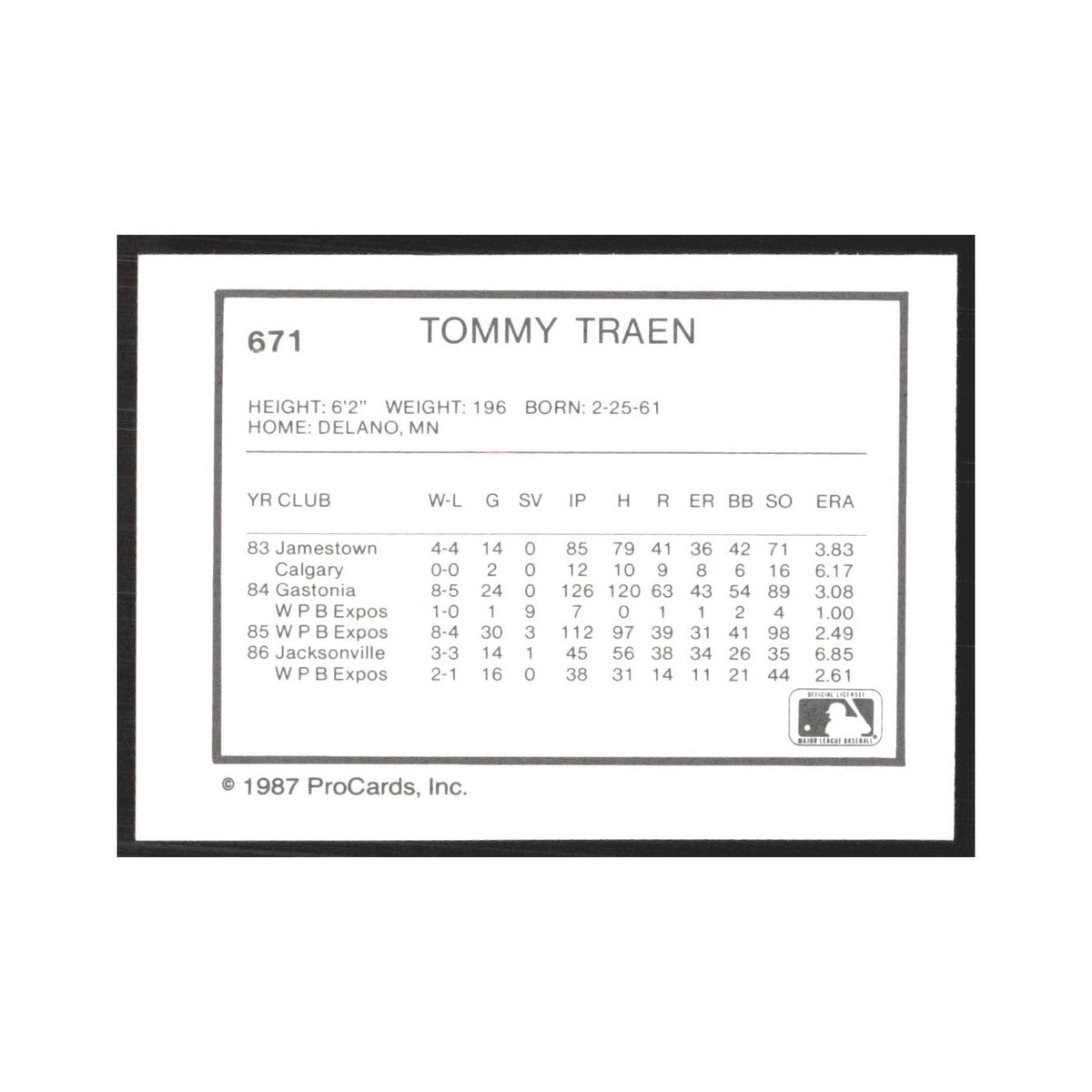 1987 ProCards Minor League Tommy Traen West Palm Beach Expos #671