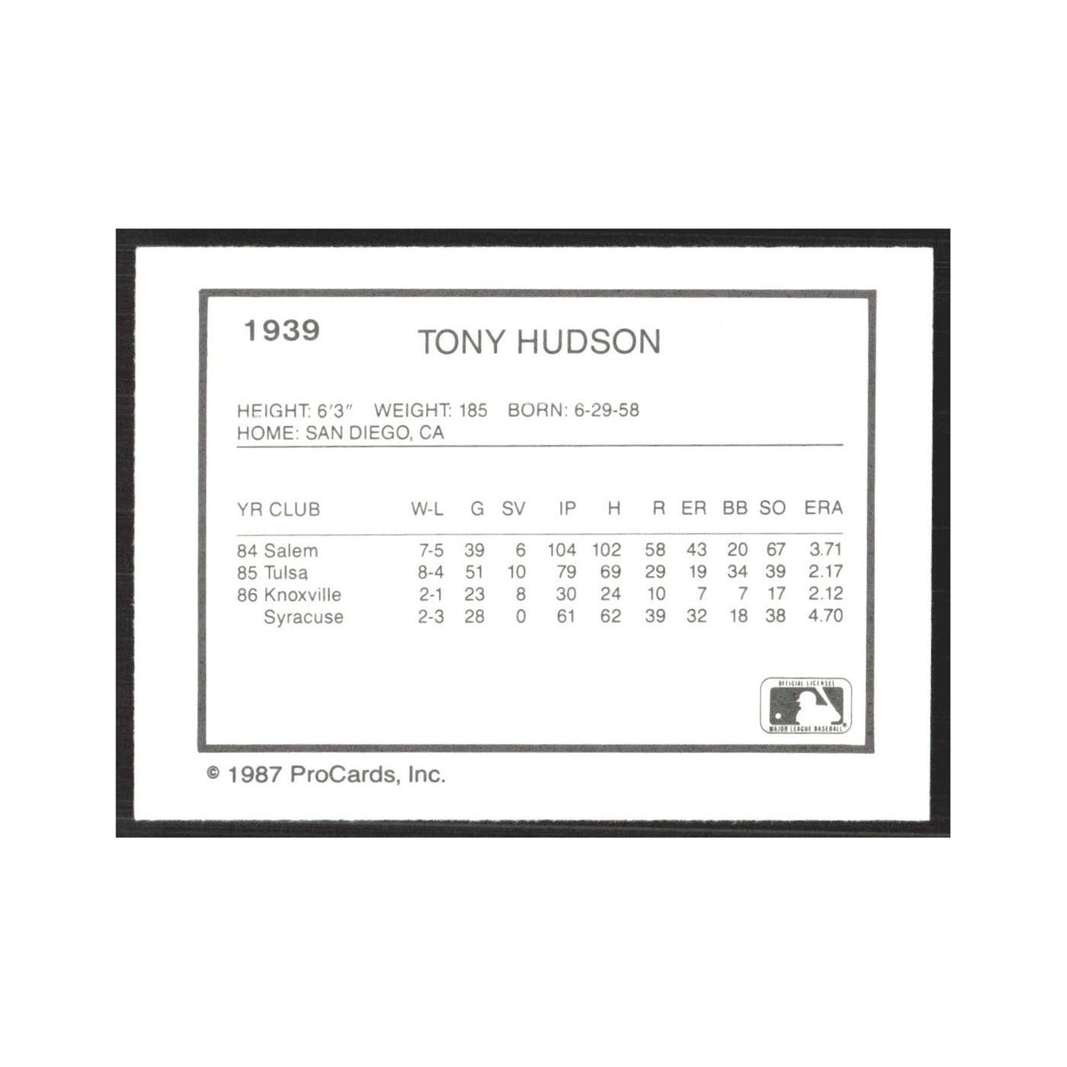 1987 ProCards Minor League Tony Hudson Syracuse Chiefs #1939
