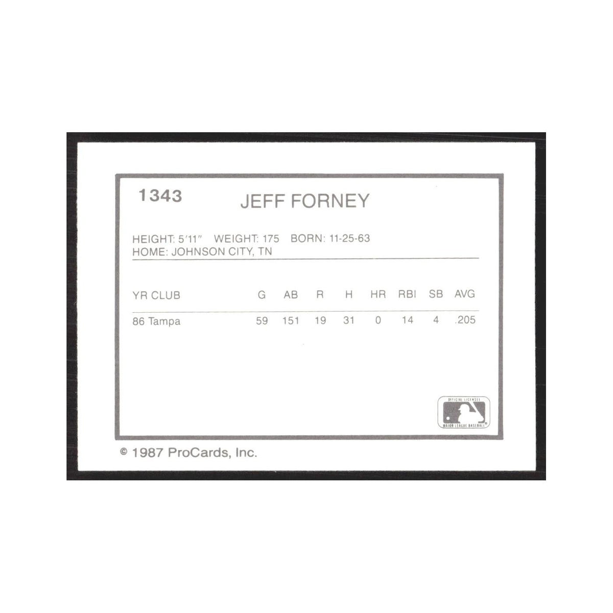 1987 ProCards Minor League Jeff Forney Tampa Tarpons #1343