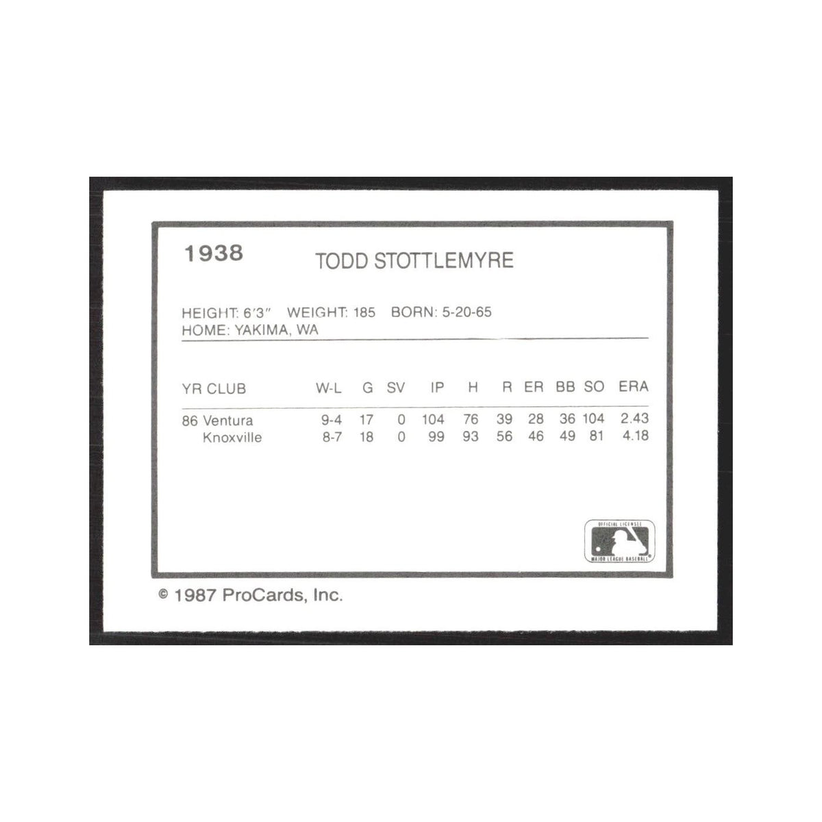 1987 ProCards Minor League Todd Stottlemyre Syracuse Chiefs #1938