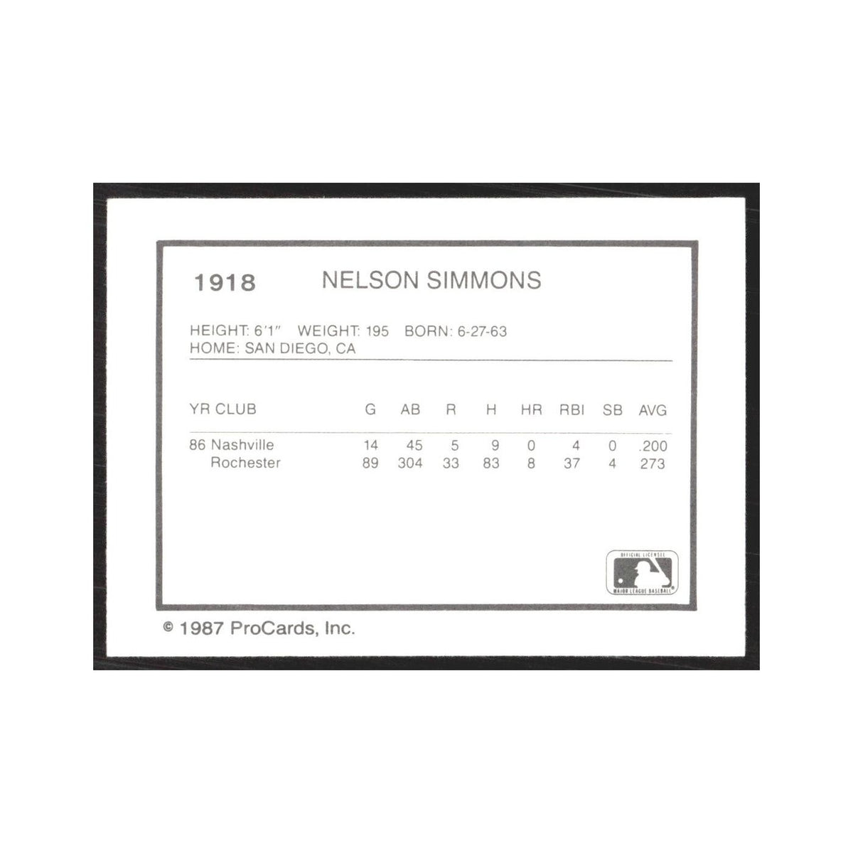 1987 ProCards Minor League Nelson Simmons Rochester Red Wings #1918