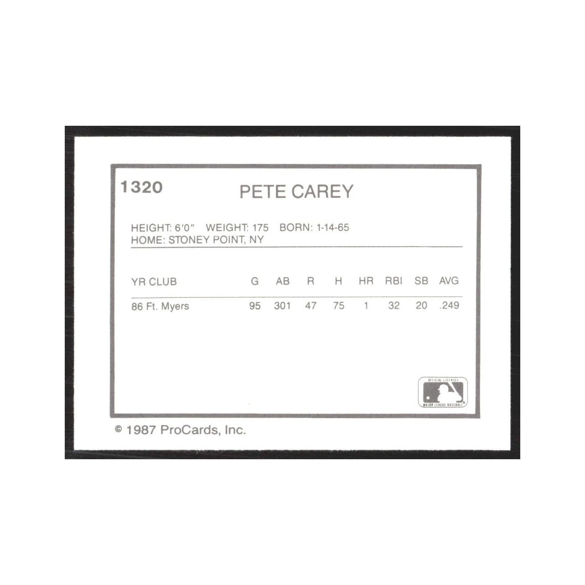 1987 ProCards Minor League Pete Carey Tampa Tarpons #1320