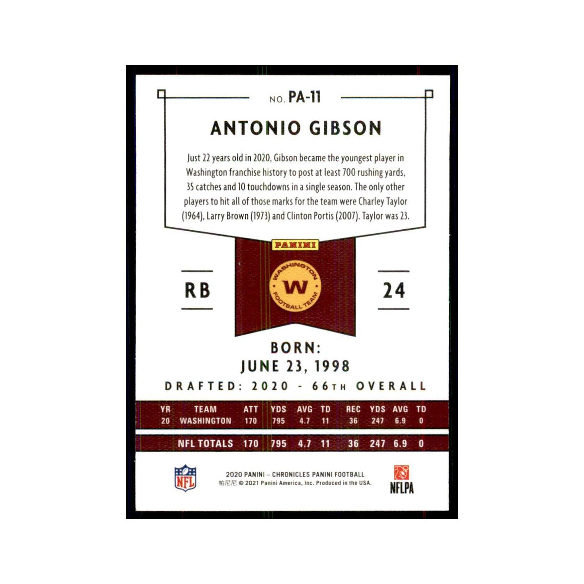 2020 Panini Chronicles Antonio Gibson RC Washington Football Team #PA-11