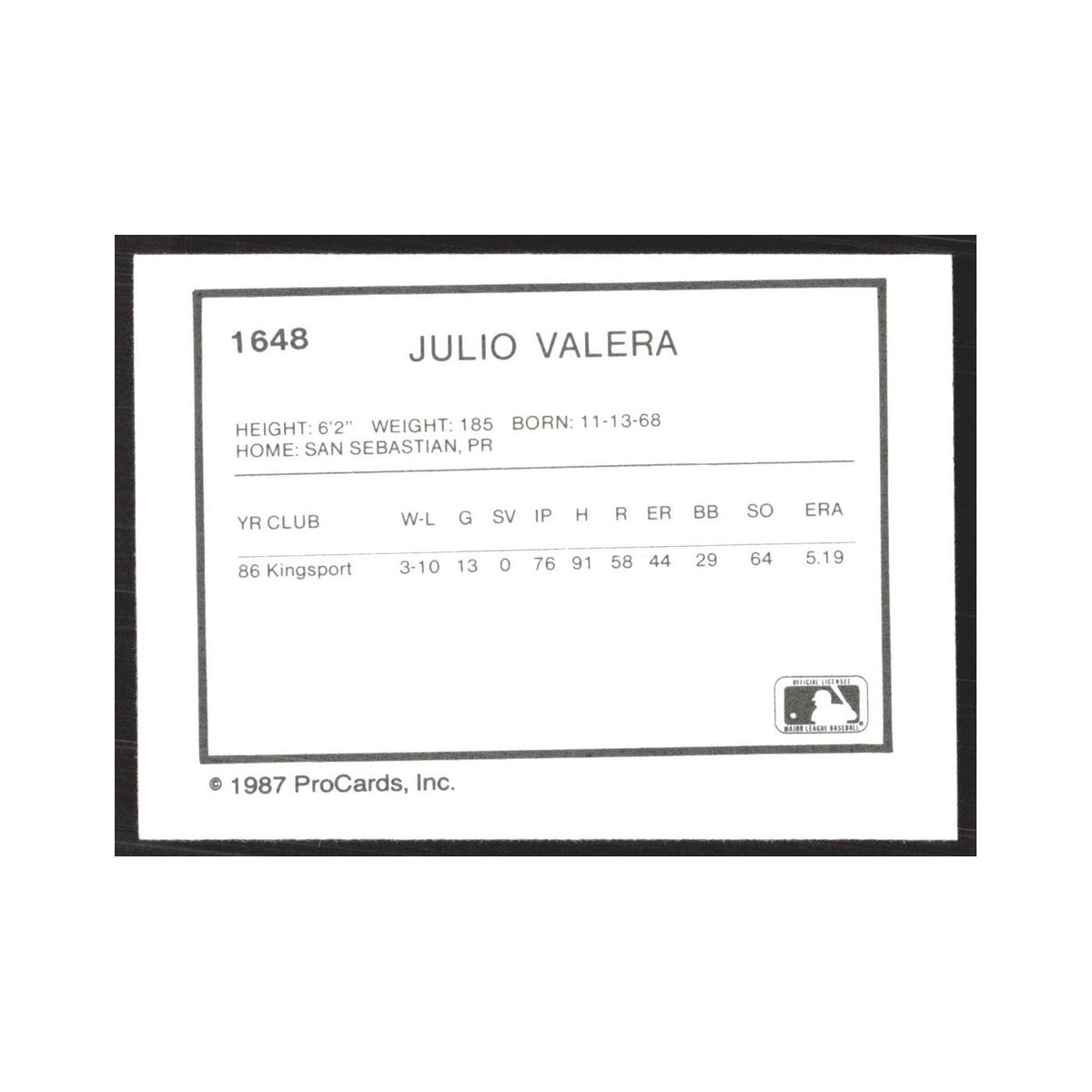 1987 ProCards Minor League Julio Valera Columbia Mets #1648