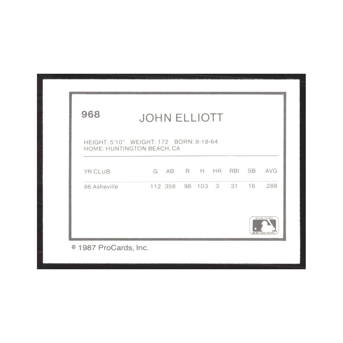 1987 ProCards Minor League John Elliott Osceola Astros #968