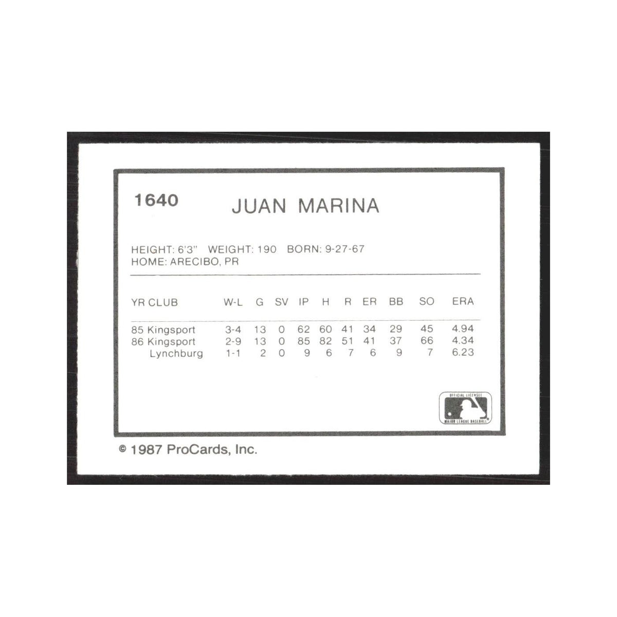 1987 ProCards Minor League Juan Marina Columbia Mets #1640