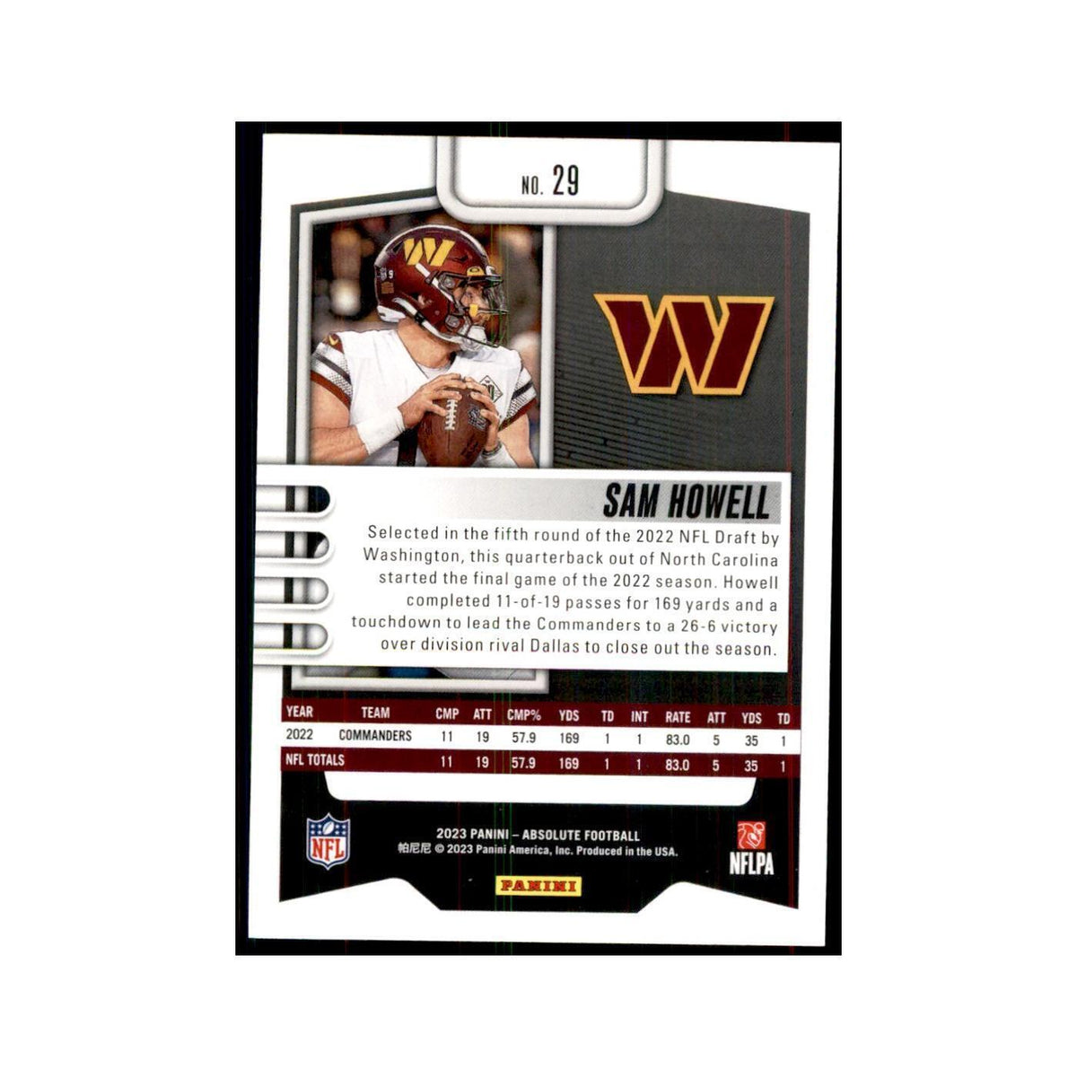 2023 Panini Absolute Sam Howell Commanders #29