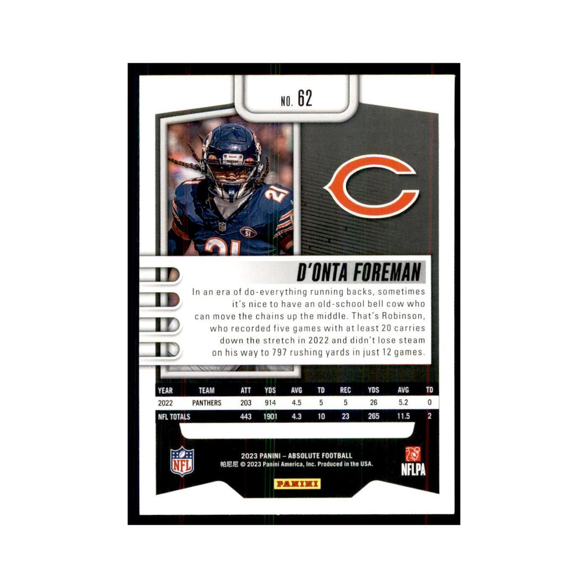 2023 Panini Absolute D Onta Foreman Bears #62