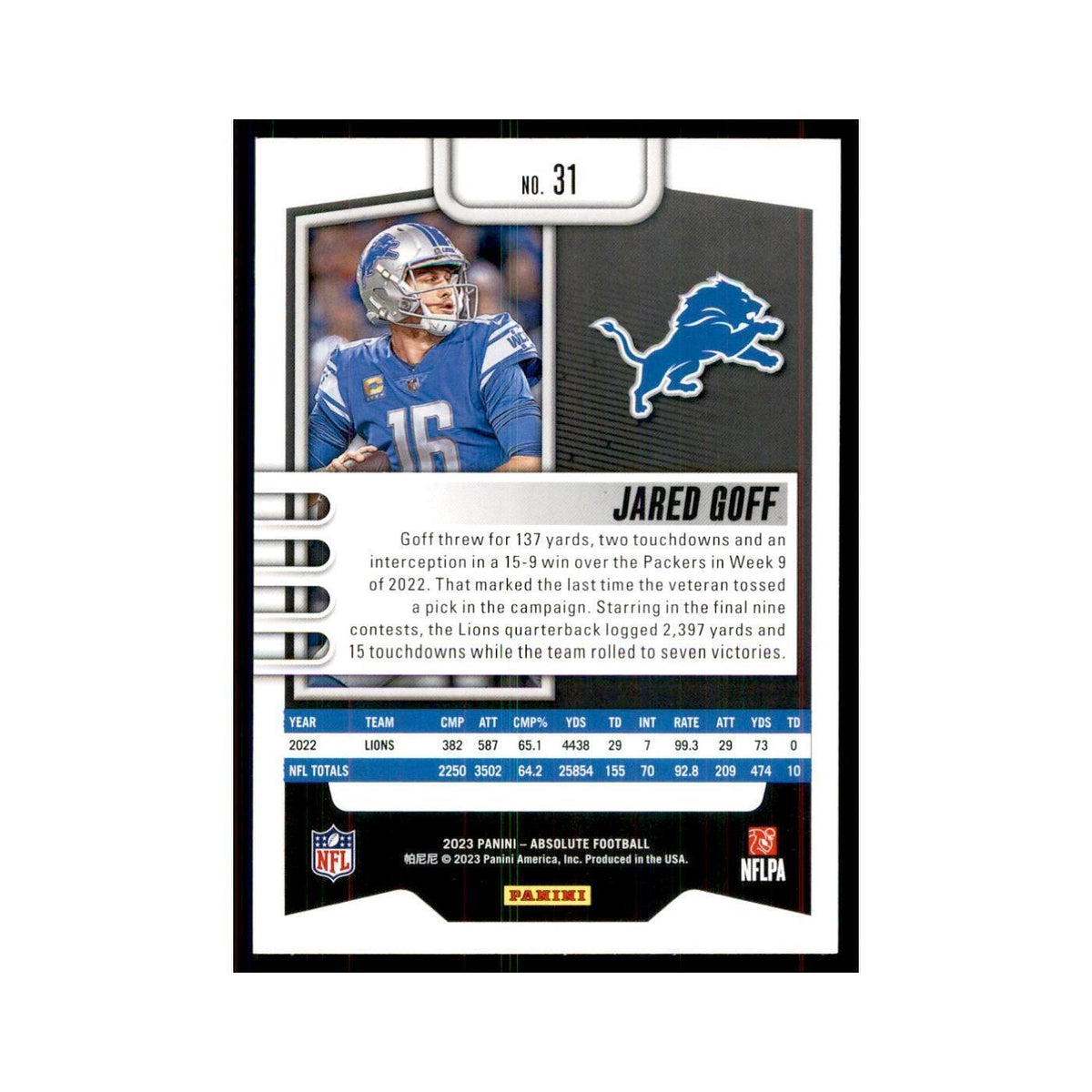 2023 Panini Absolute Jared Goff Lions #31