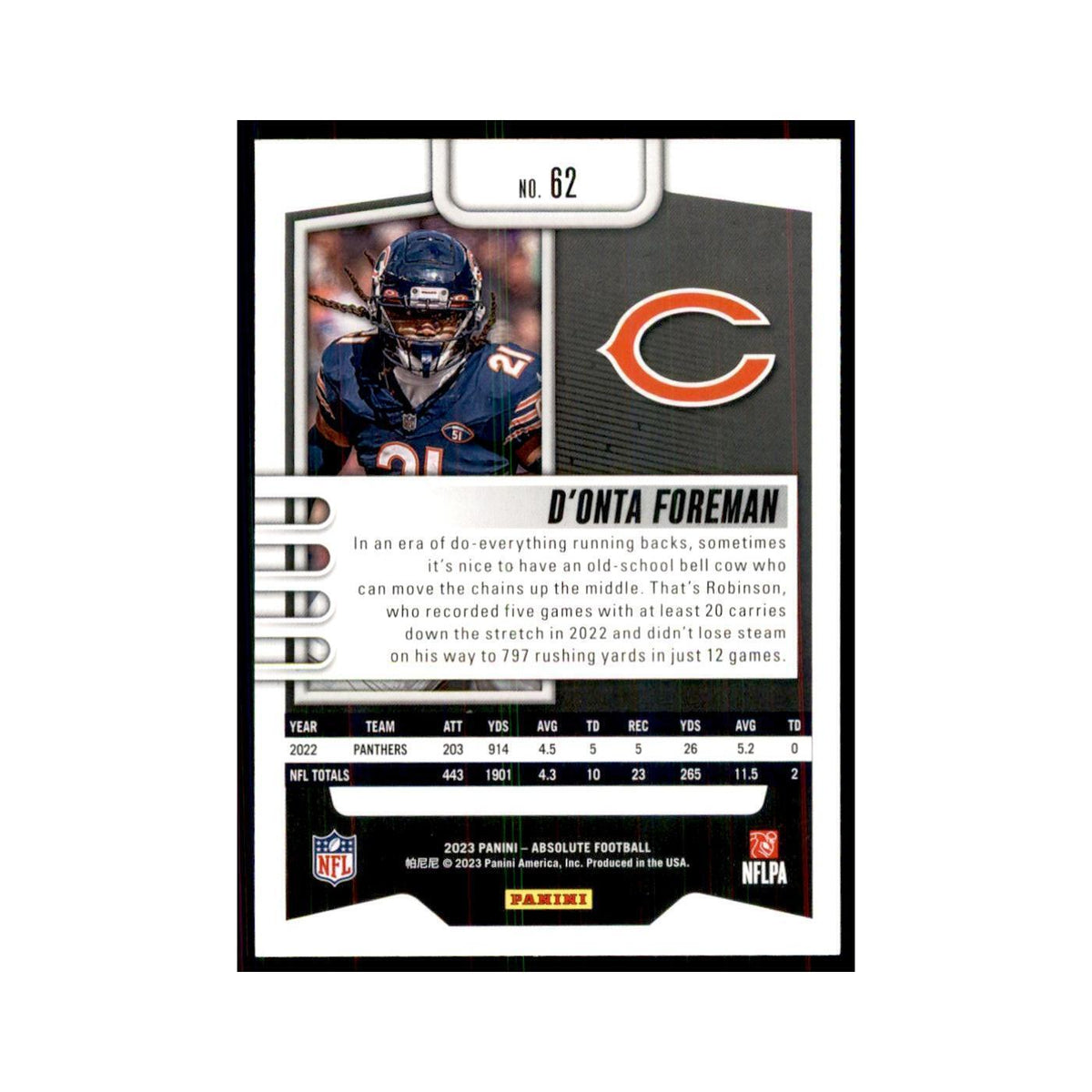 2023 Panini Absolute D'Onta Foreman Bears #62