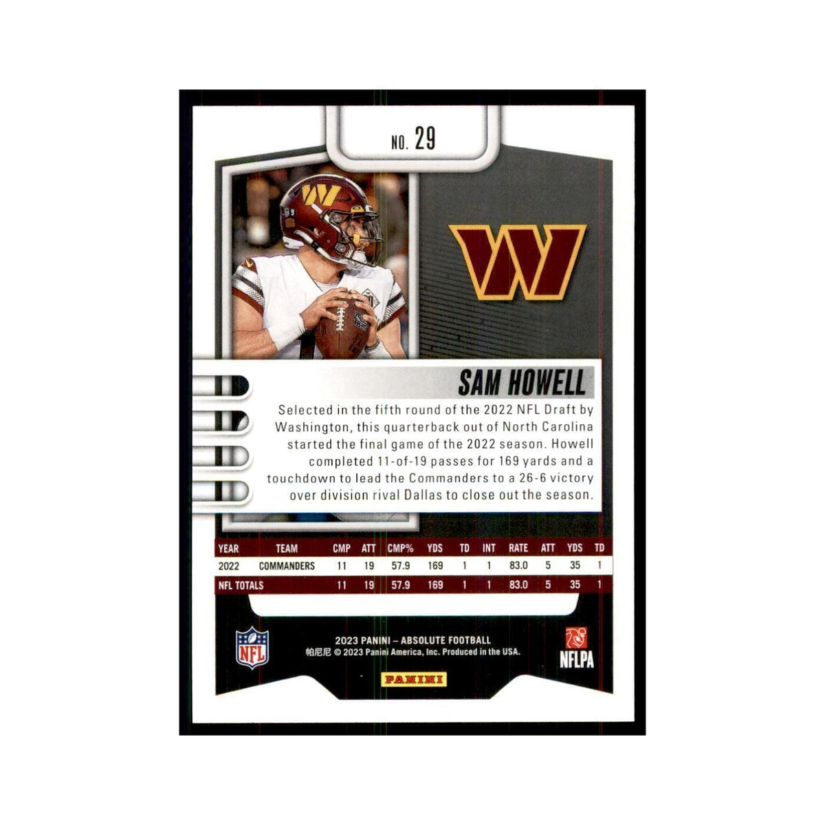 2023 Panini Absolute Sam Howell Commanders #29
