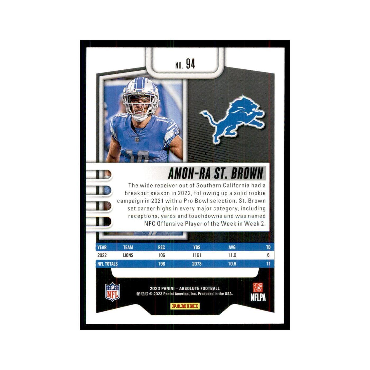 2023 Panini Absolute Amon-Ra St. Brown Lions #94