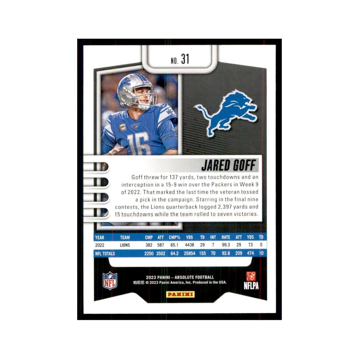 2023 Panini Absolute Jared Goff Lions #31