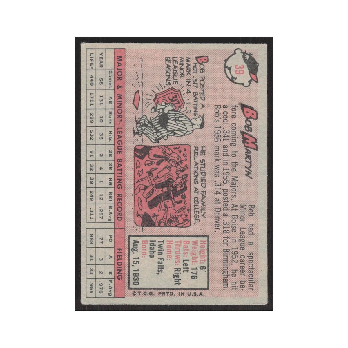 1958 Topps Bob Martyn RC Kansas City Athletics #39